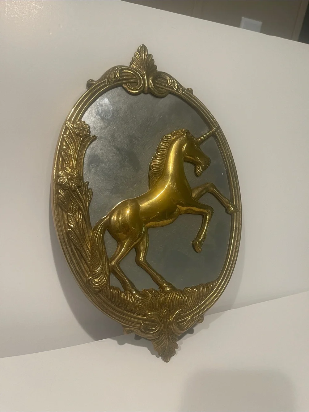 Vintage Brass Unicorn Wall Plaque Gold Mirror Accent oval mystical